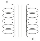 Diagram for question: The dots on the transformer symbol shown are called, and indicate